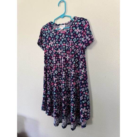 LuLaRoe Scarlett Dress Girls Size 6 Navy With Geometric Print Short Sleeve - Picture 2 of 9